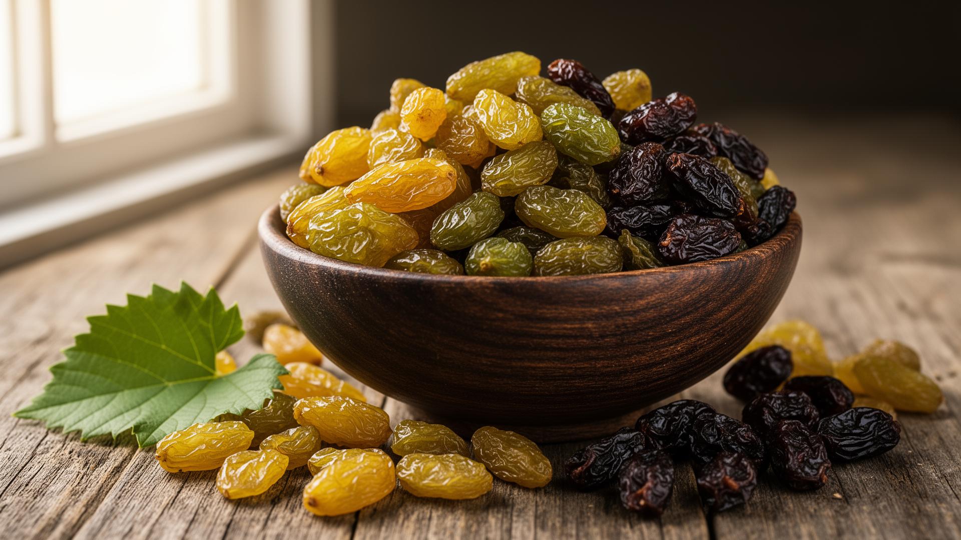 Wooden bowl filled with premium golden, green and traditional Indian kishmish by Higinz — naturally dried in Prayagraj, Uttar Pradesh